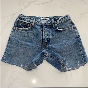 COPY - Girlfriend premium denim. Mid rise Jean Shorts with Frayed Hem